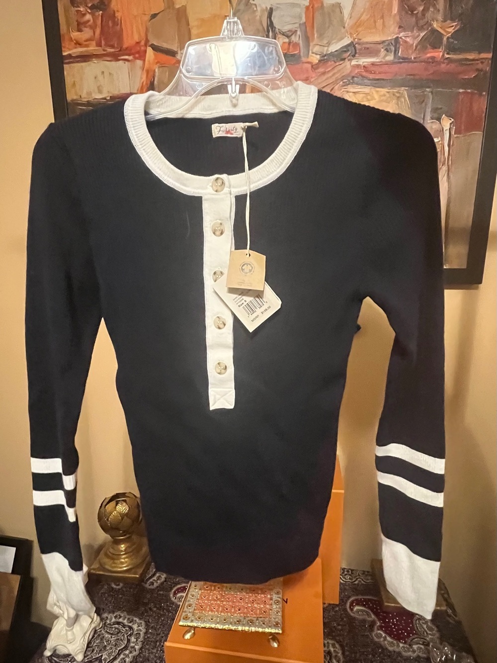 NWT- Faherty Mikki Henley Coastal Colorblock Navy- SZ S Organic Cotton Cashmere
